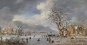 Aert van der Neer, A winter landscape with skaters and kolf players on a frozen river